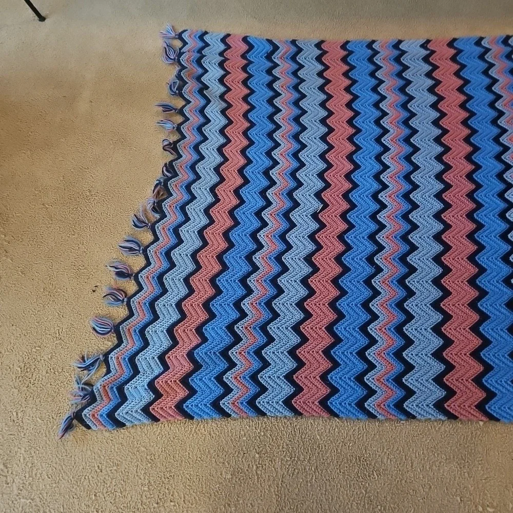 Vintage Handmade Chevron Crochet Blanket Blue Pink 1970s Afghan 95